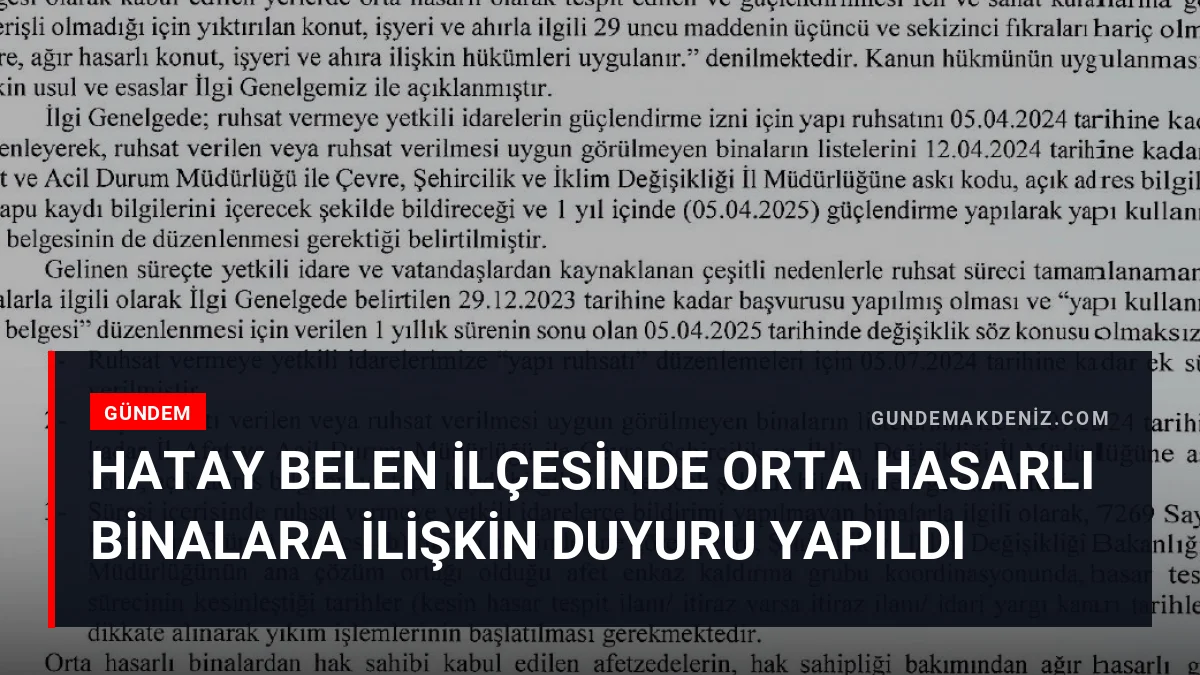 Hatay Belen İlçesinde Orta Hasarlı Binalara İlişkin Duyuru Yapıldı
